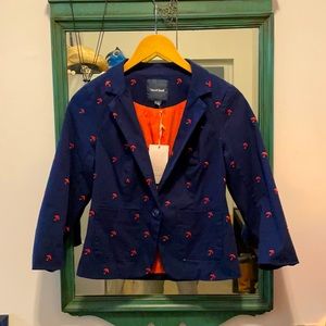 ModCloth NWT Cotton Navy Blazer w/ Embroidered Salmon Umbrellas & Salmon Lining